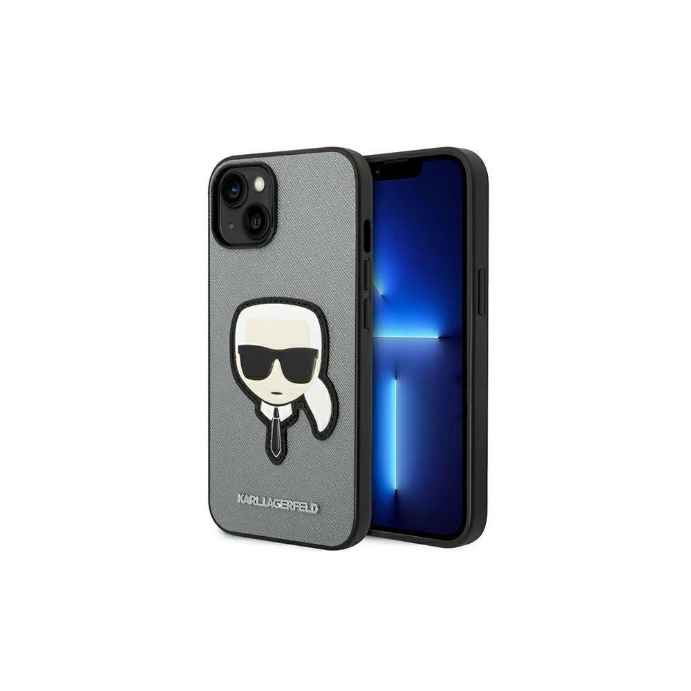 Karl Lagerfeld KLHCP14XSAPKHG Apple iPhone 14 Pro Max 6,7″ sidabrinis kietas dėklas Saffiano Karl`s Head Pat