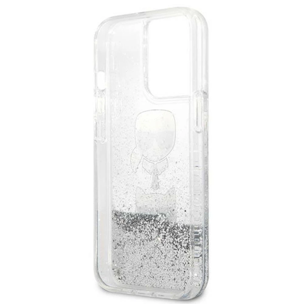 Karl Lagerfeld KLHCP13XKICGLS Apple iPhone 13 Pro Max 6,7″ sidabrinis kietas dėklas Liquid Glitter Karl&Chou