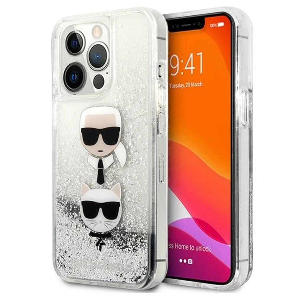Karl Lagerfeld KLHCP13XKICGLS Apple iPhone 13 Pro Max 6,7″ sidabrinis kietas dėklas Liquid Glitter Karl&Chou