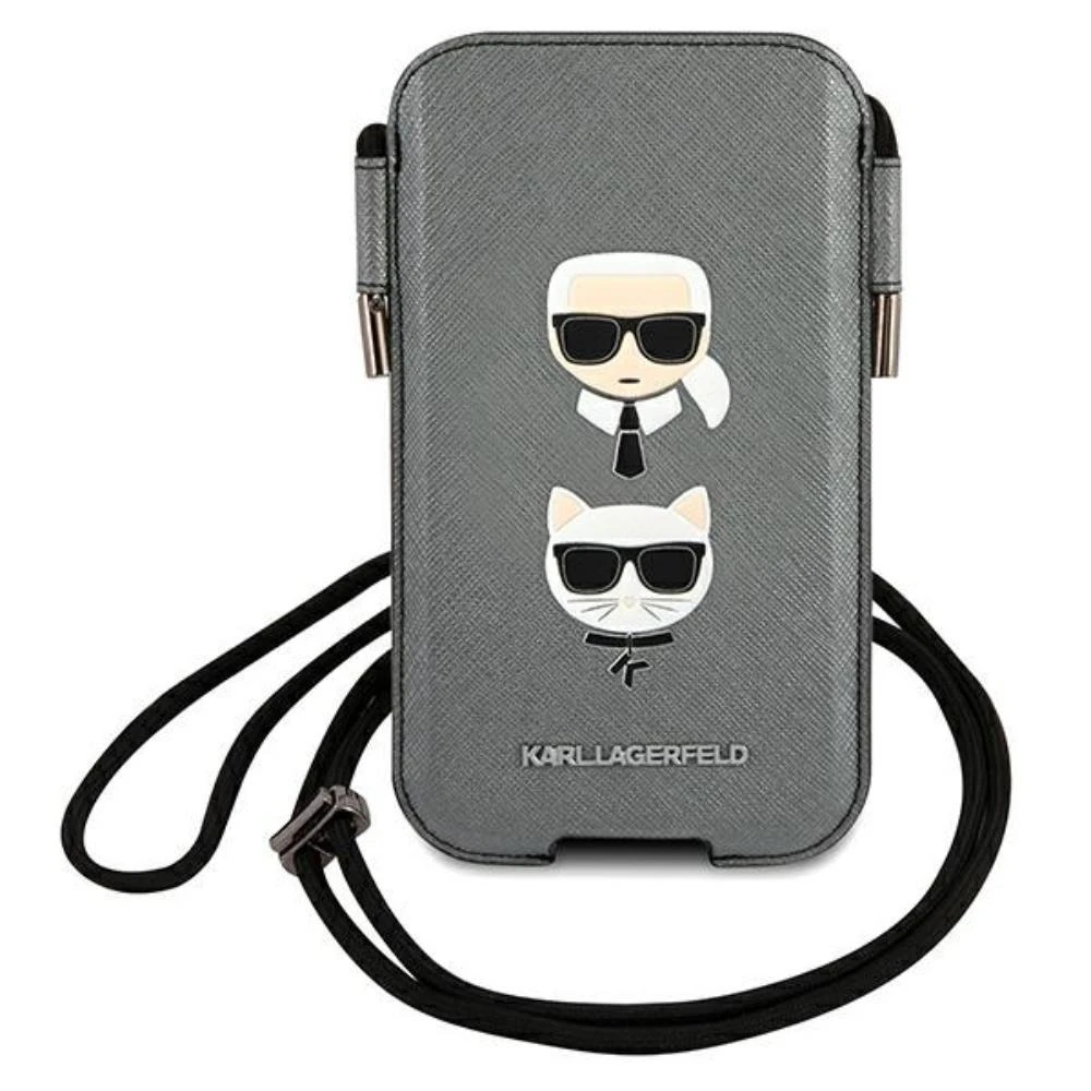 Karl Lagerfeld Torebka KLHCP12MOPHKCG 6,1″ pilkos spalvos kietas dėklas Saffiano Ikonik Karl&Choupette Head