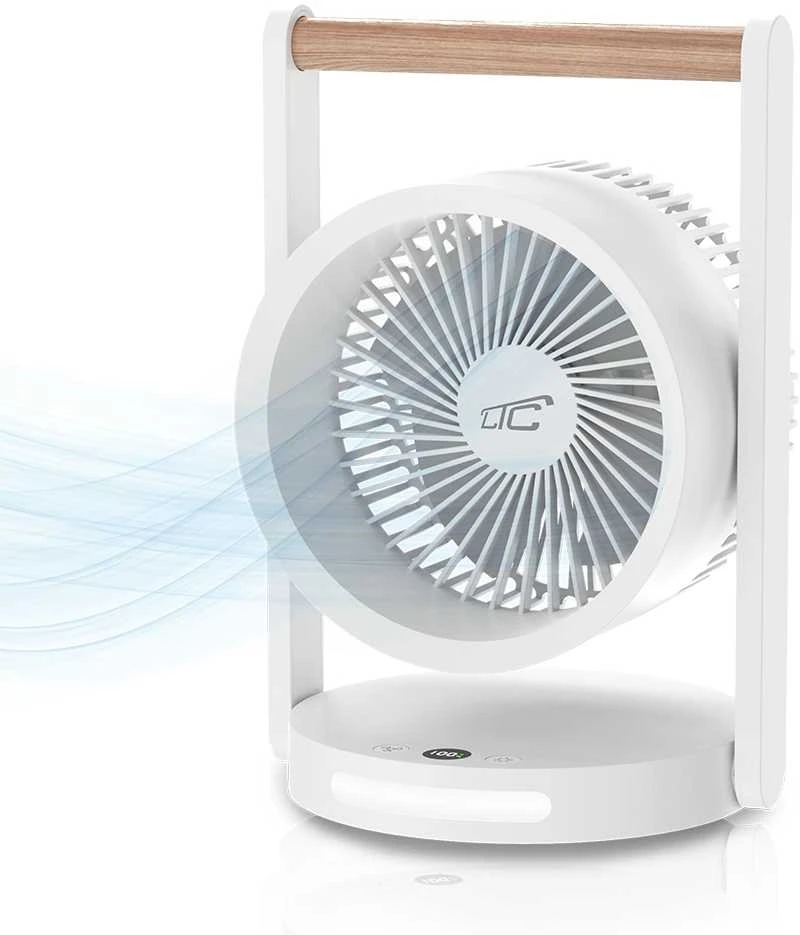 LTC Ventiliatorius stalinis ventiliatorius su medine rankena, greičio lygiais, naktine lempute, ekranu, įkrovimo indikatoriumi, įkrovimu per USB C, 10 W, 3600 mAh, 6,4 colio