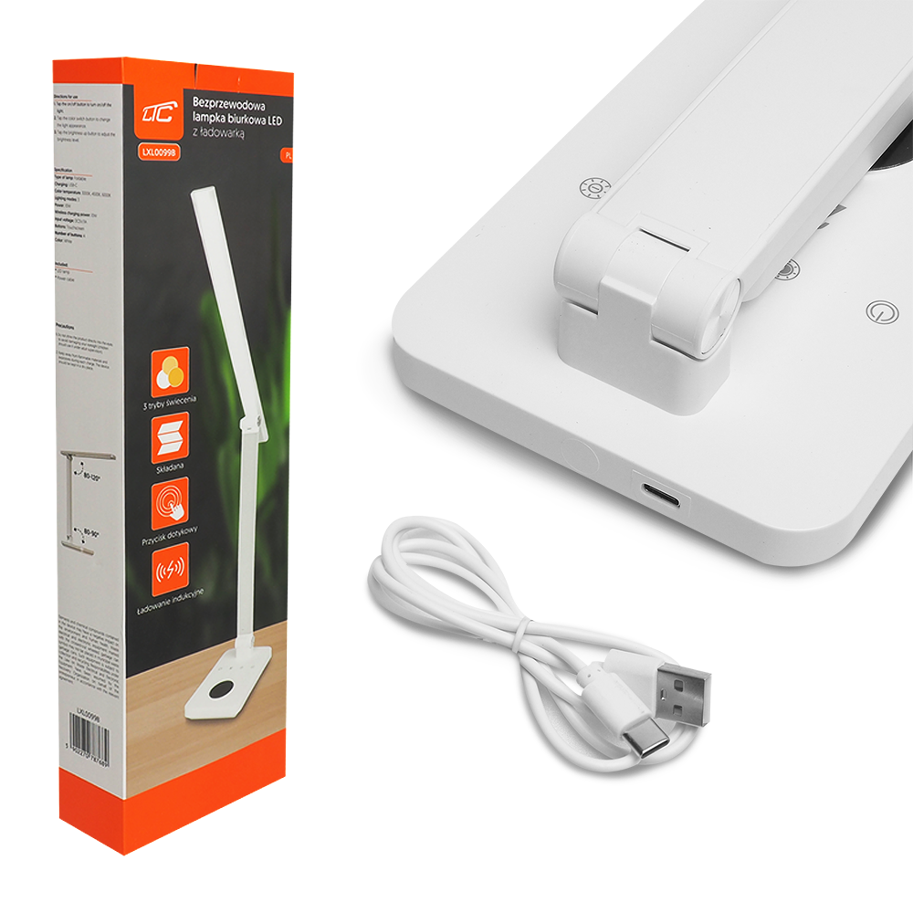 Lamex LED stalinė lempa 10W, 300045006000K, indukcinis įkrovimas, jutiklinis valdymas, reguliatorius, balta, LTC