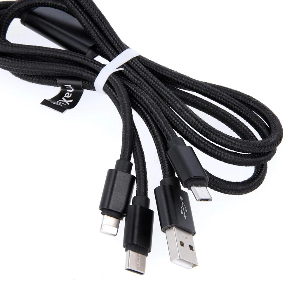 Maxlife Nylon 3in1 USB laidas A tipas - microUSB + Lightning + USB tipas C - juodas - 1m
