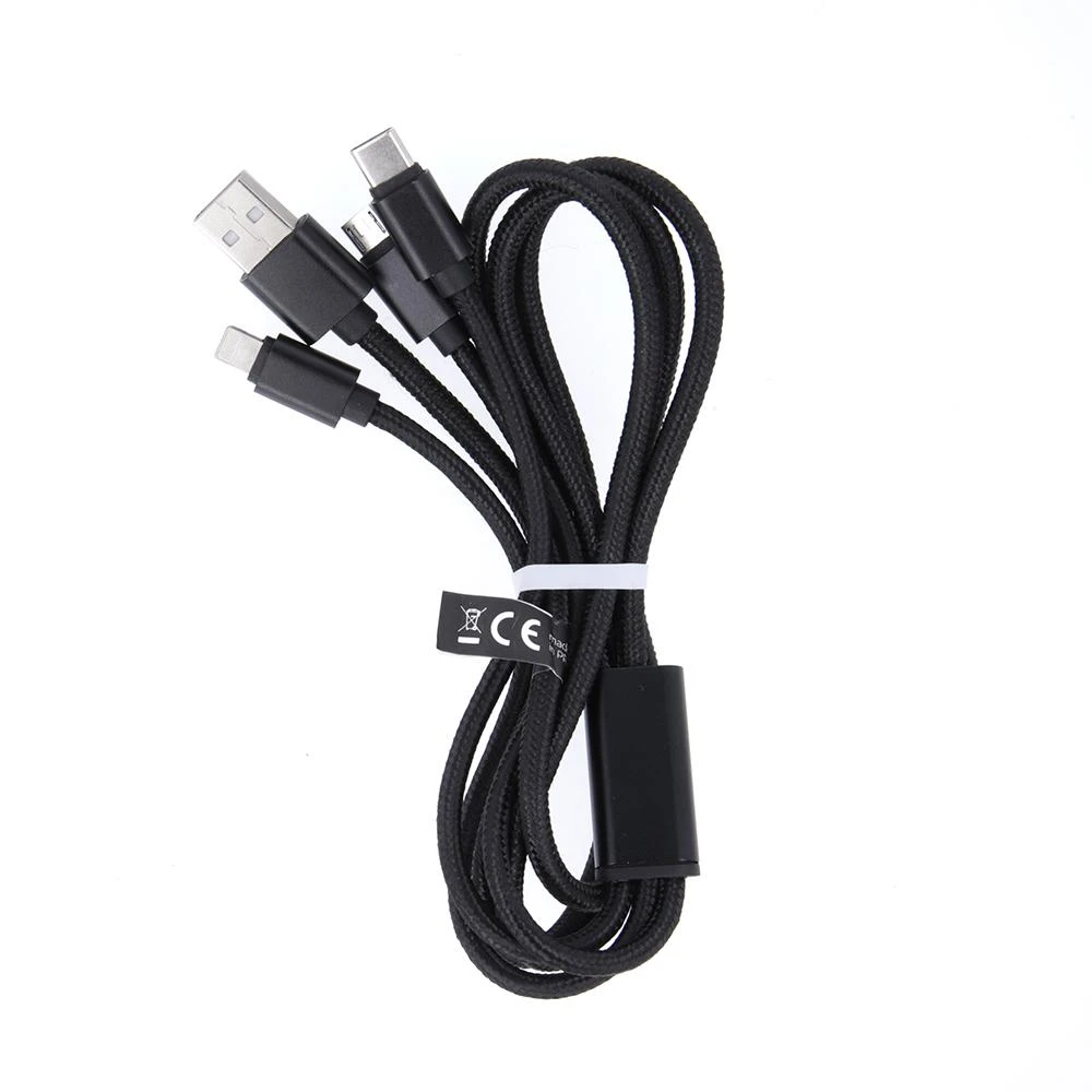 Maxlife Nylon 3in1 USB laidas A tipas - microUSB + Lightning + USB tipas C - juodas - 1m