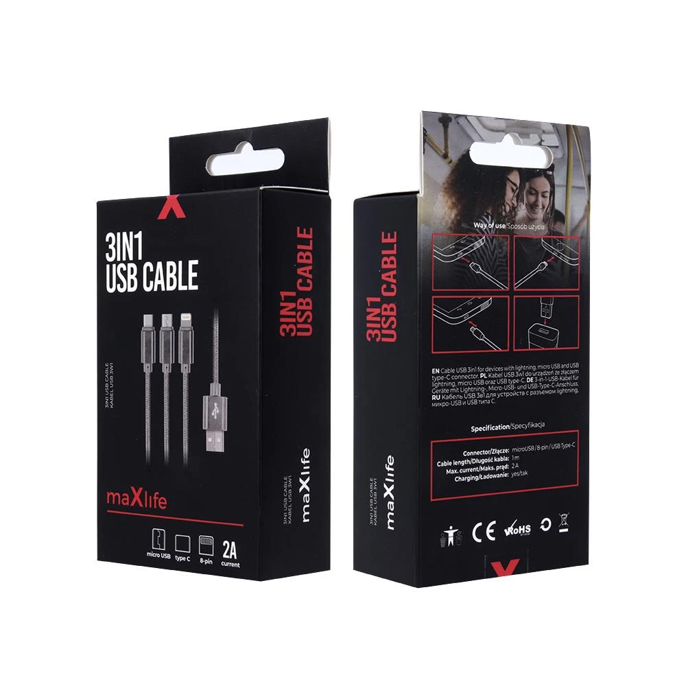 Maxlife 3in1 laidas USB – Lightning + USB-C + microUSB 1,0 m 2,1A pilkas nailoninis