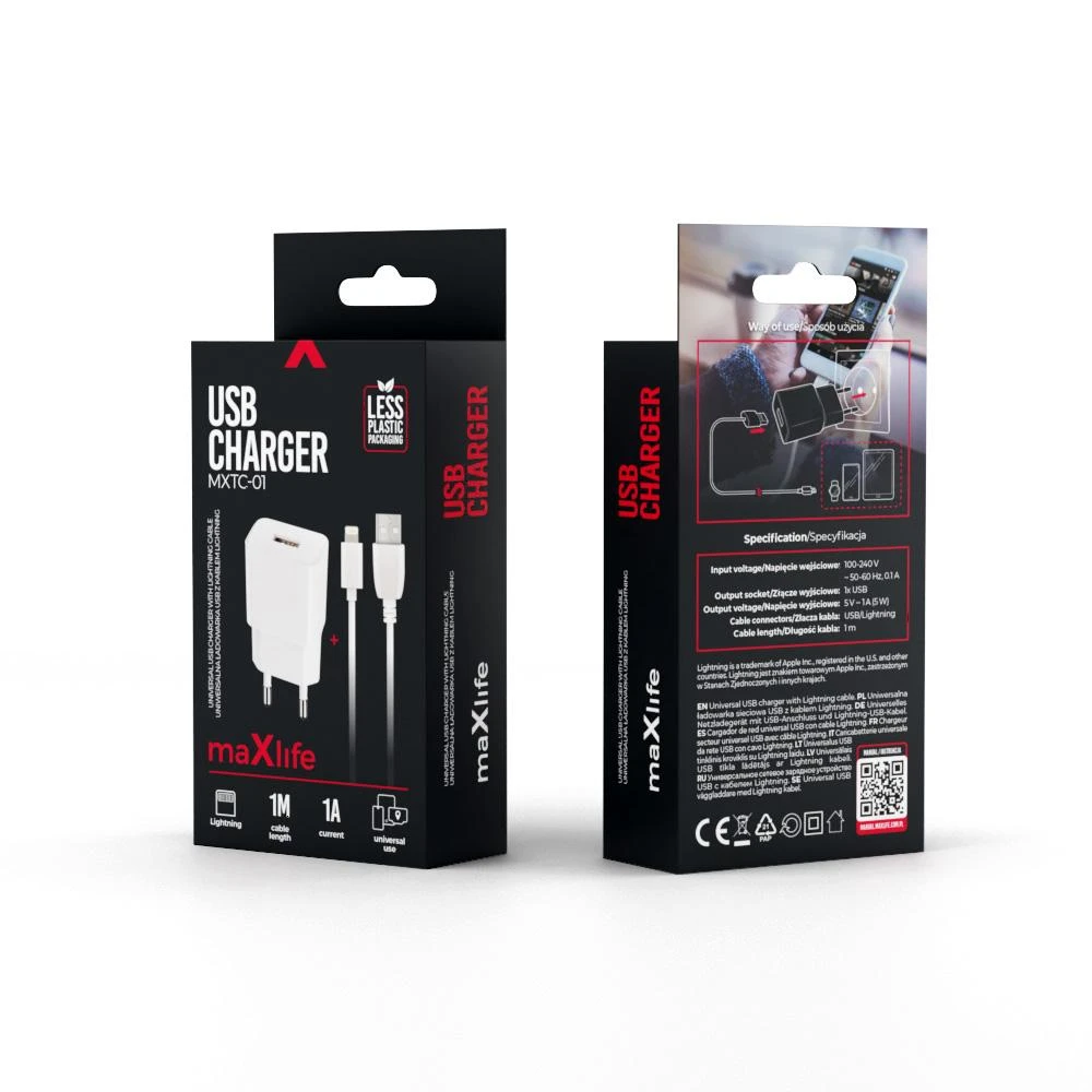 Maxlife MXTC-01 įkroviklis 1x USB 1A baltos spalvos + Lightning kabelis