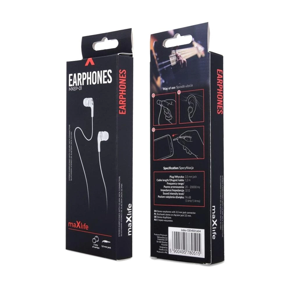 Maxlife laidinės ausinės MXEP-01, 3,5mm jungtis, baltos