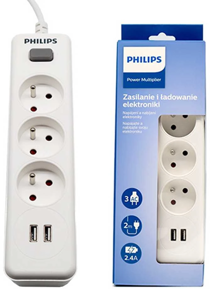 „Philips“ viršįtampių apsaugos įrenginys Balta, 3 lizdai, 2 x USB, 2 m, SPN3032WA/60
