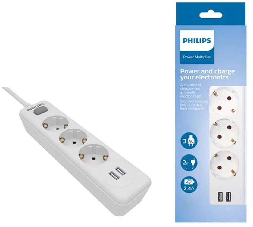 „Philips“ viršįtampių apsaugos įrenginys Balta, 3 lizdai, 2 x USB, 2 m, SPN3032WA/60