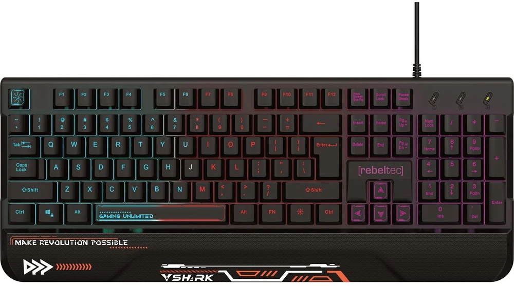 Rebeltec „Shark“ viso dydžio RGB žaidimų klaviatūra su integruotu riešo atrama, atspari vandeniui.