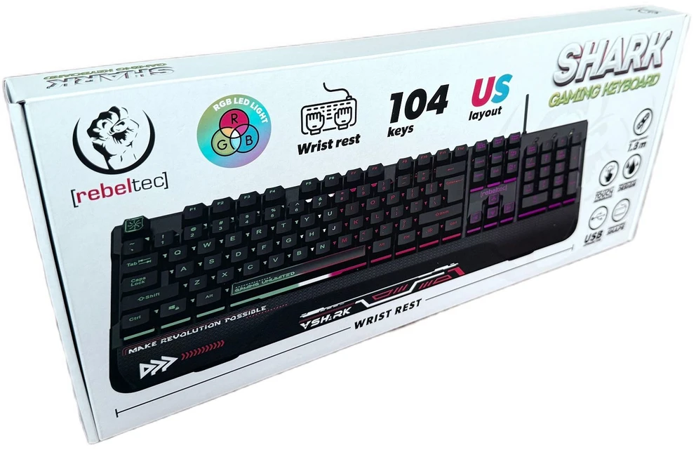 Rebeltec „Shark“ viso dydžio RGB žaidimų klaviatūra su integruotu riešo atrama, atspari vandeniui.