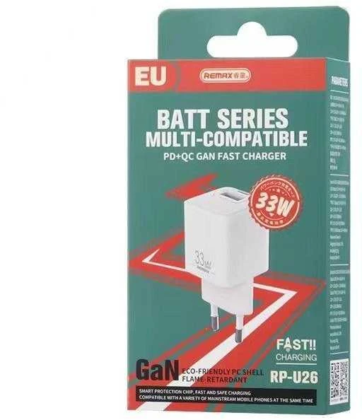 REMAX SIENINIS ĮKROVIKLIS BATT SERIES PD QC 33W RP-U26 1xUSB + 1xUSB-C Baltas