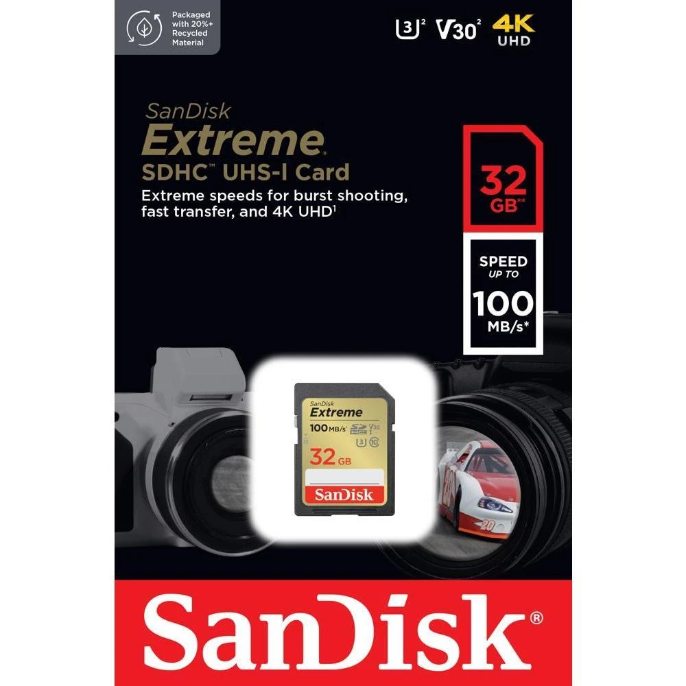 SANDISK Extreme 32GB atminties kortelė iki 100MB/s, UHS-I, 10 klasė, U3, V30
