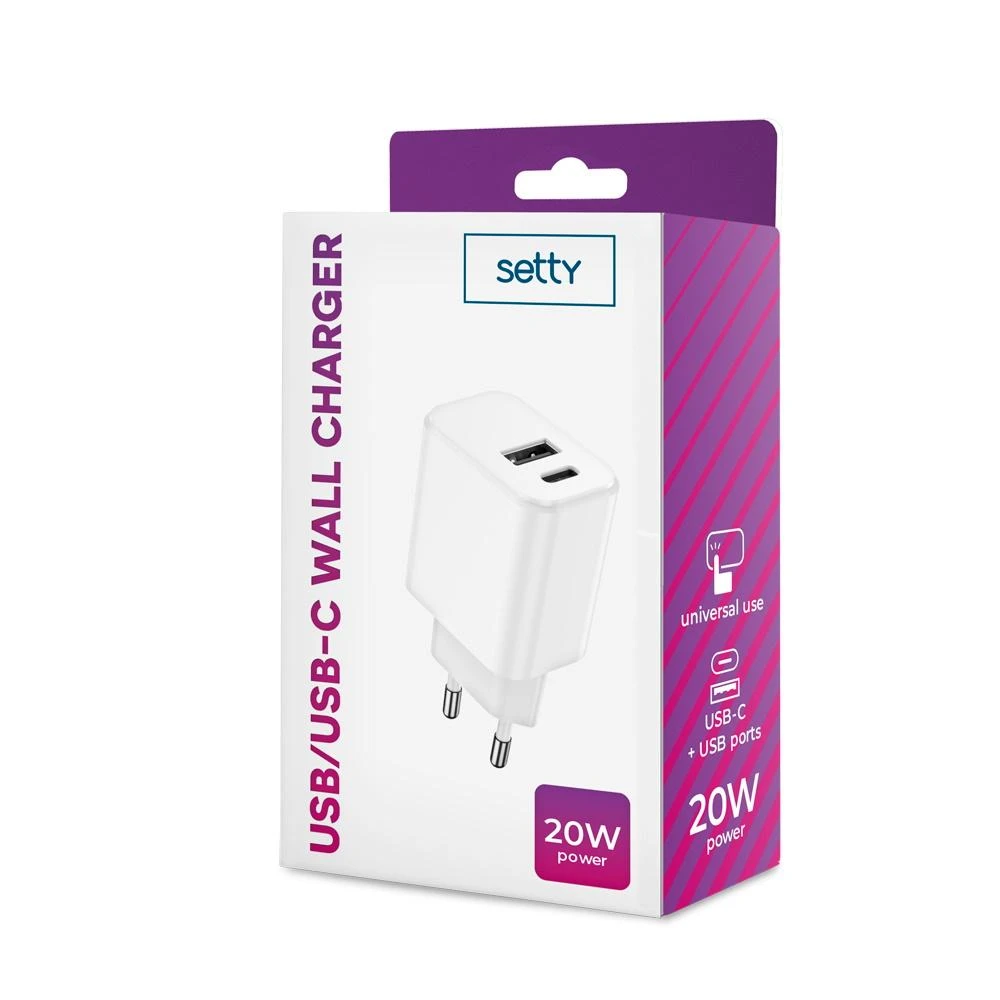 Maxlife "Setty" įkroviklis 1x USB + USB-C 3A 20W baltos spalvos
