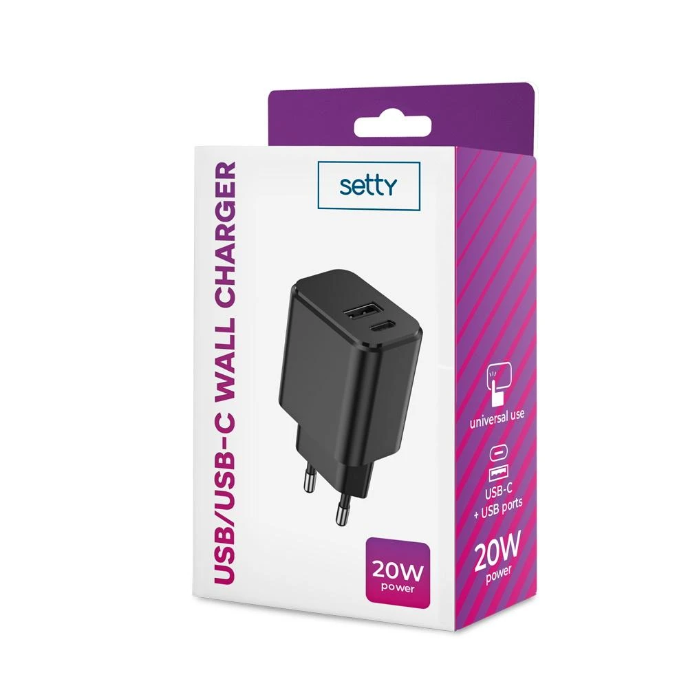 Maxlife "Setty" įkroviklis 1x USB + USB-C 3A 20W, juodas