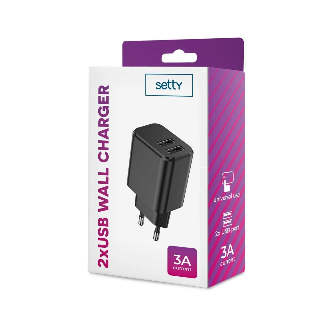 Setty įkroviklis 2x USB 3A juodas