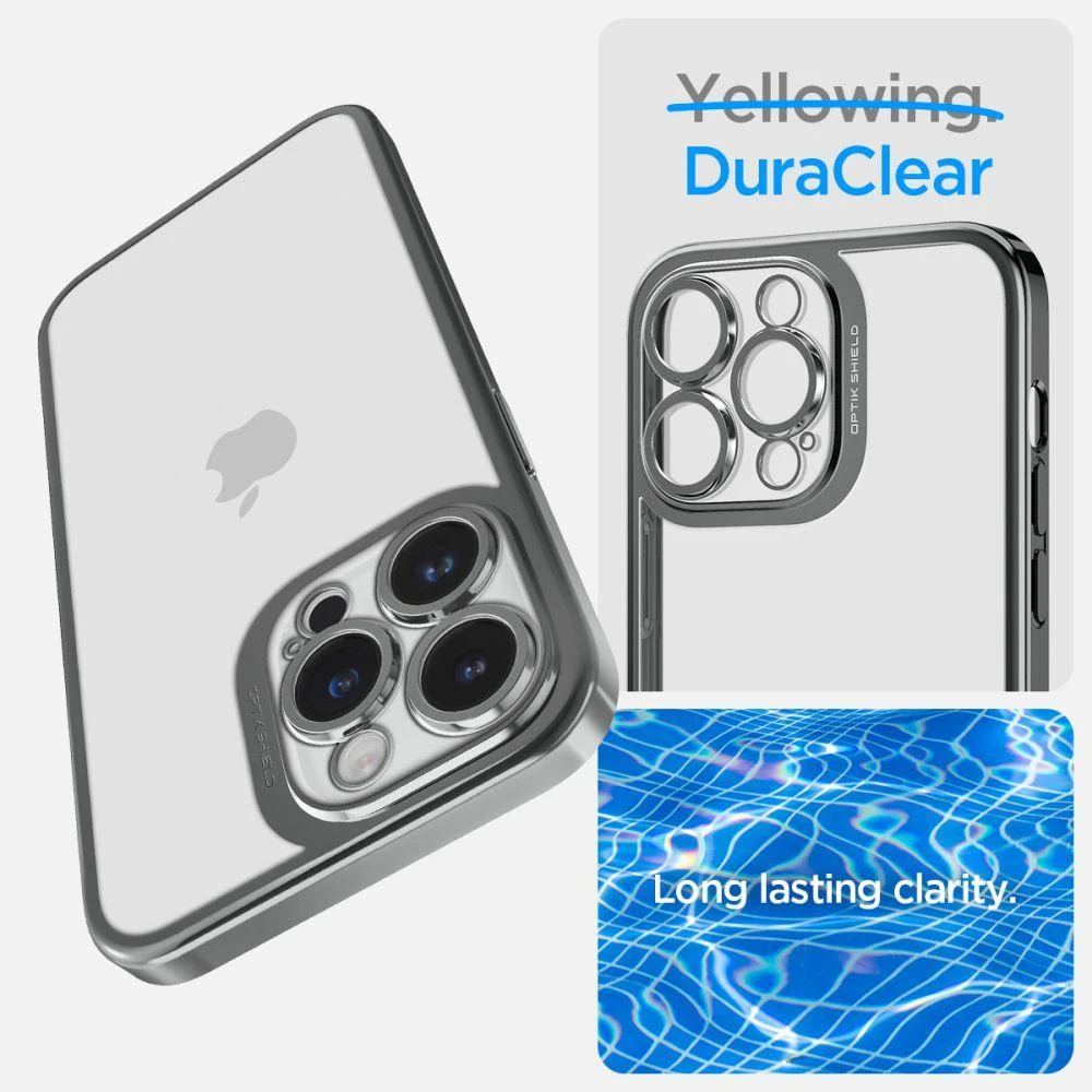 Dėklas Spigen Optik Crystal, chrome pilkos spalvos – Apple iPhone 14 Pro