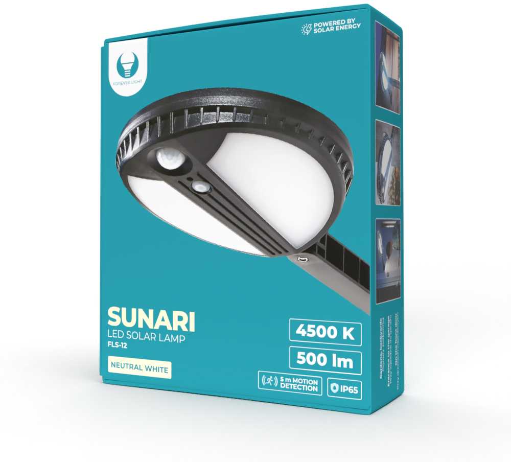 TelForceone SUNARI saulės lempa LED FLS-12 70*SMD PIR 6W 500lm 4500K 2400mAh Li-ion"Forever" šviesiai