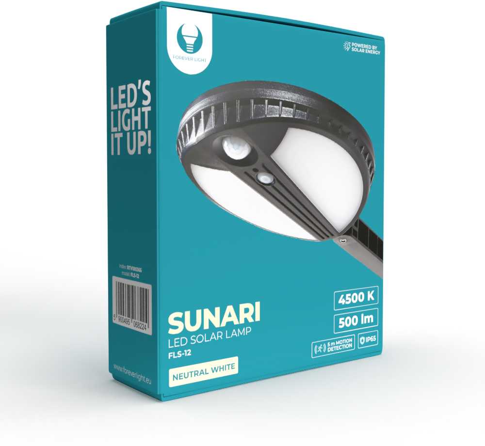 TelForceone SUNARI saulės lempa LED FLS-12 70*SMD PIR 6W 500lm 4500K 2400mAh Li-ion"Forever" šviesiai