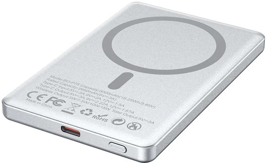 Telforceone BWOO aliumininė magnetinė išorinė baterija P75 PD 20W 5000 mAh su skaitmeniniu ekranu ir USB-C prievadu, sidabrinė
