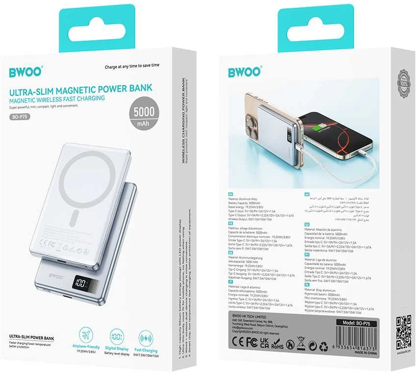 Telforceone BWOO aliumininė magnetinė išorinė baterija P75 PD 20W 5000 mAh su skaitmeniniu ekranu ir USB-C prievadu, sidabrinė
