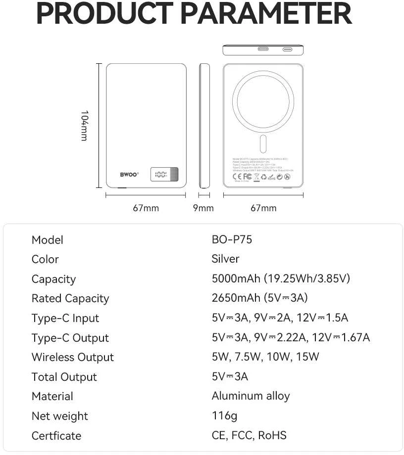 Telforceone BWOO aliumininė magnetinė išorinė baterija P75 PD 20W 5000 mAh su skaitmeniniu ekranu ir USB-C prievadu, sidabrinė