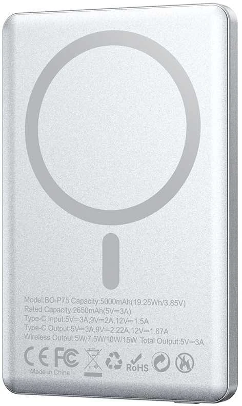 Telforceone BWOO aliumininė magnetinė išorinė baterija P75 PD 20W 5000 mAh su skaitmeniniu ekranu ir USB-C prievadu, sidabrinė