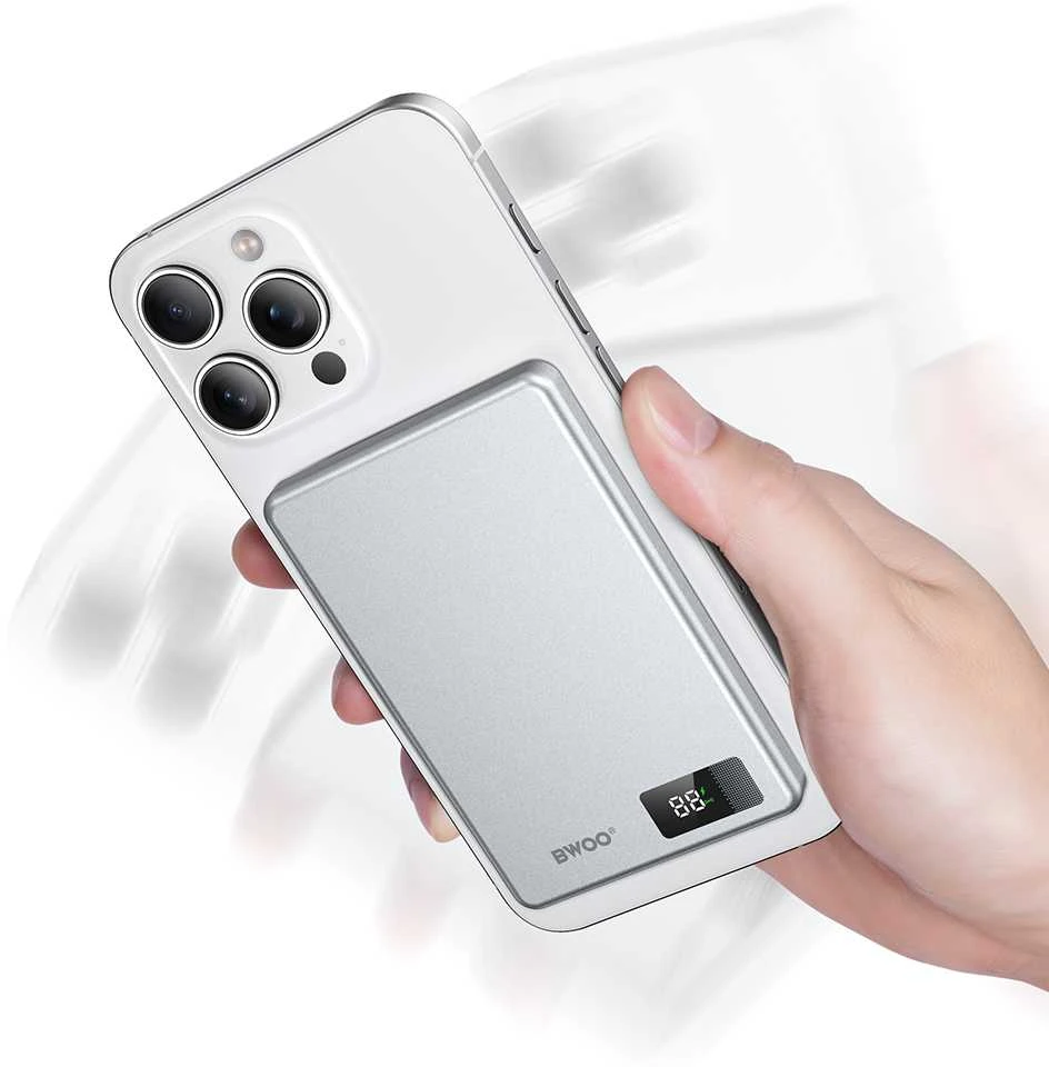 Telforceone BWOO aliumininė magnetinė išorinė baterija P75 PD 20W 5000 mAh su skaitmeniniu ekranu ir USB-C prievadu, sidabrinė