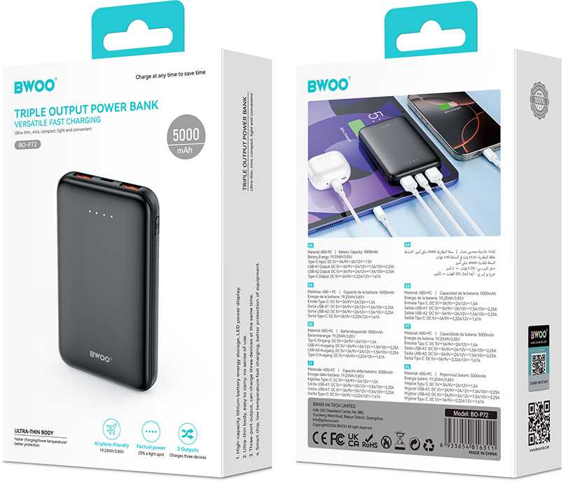 Telforceone BWOO išorinė baterija P72 QC 22.5W PD 20W 5000 mAh su 2 x USB-A prievadais ir 1 x USB-C prievadu, juoda
