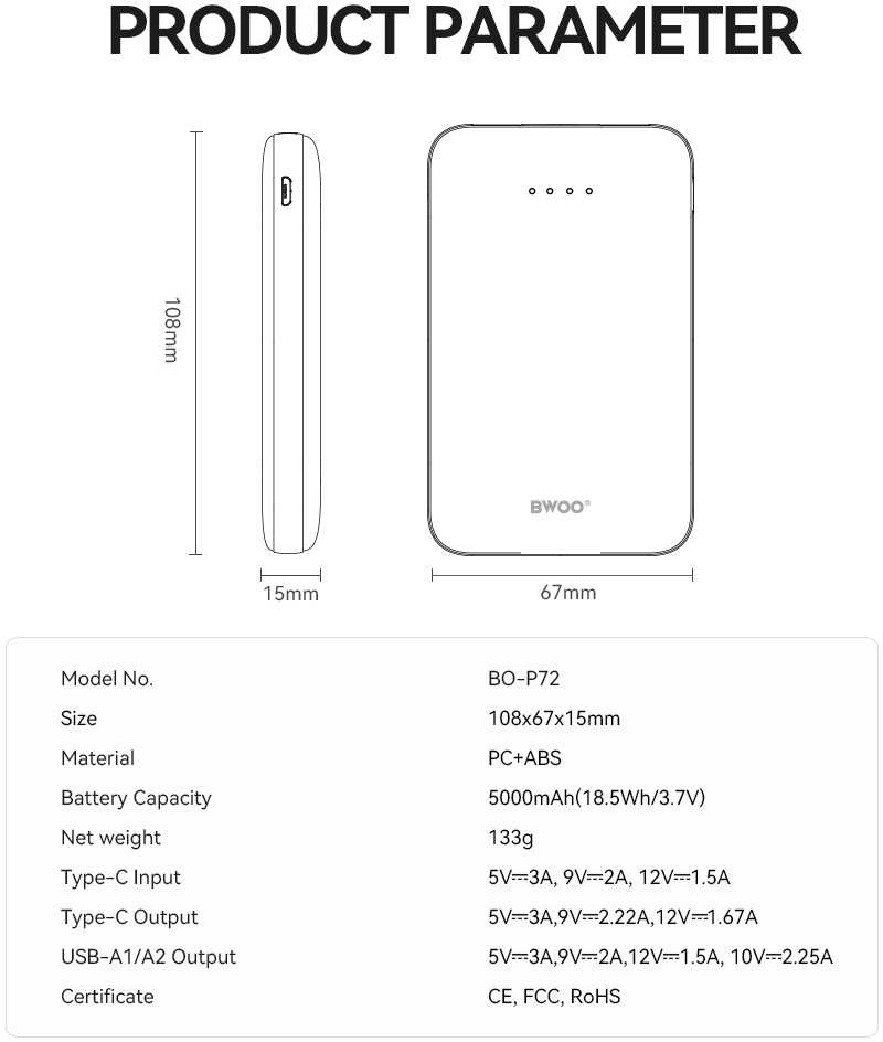 Telforceone BWOO išorinė baterija P72 QC 22.5W PD 20W 5000 mAh su 2 x USB-A prievadais ir 1 x USB-C prievadu, juoda