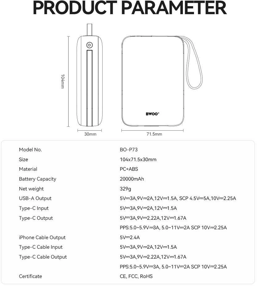 Telforceone BWOO išorinė baterija „Abad8“ 22,5 W, 20000 mAh, su 2 integruotais laidais, 1 x USB-C, 1 x „Lightning“, juoda