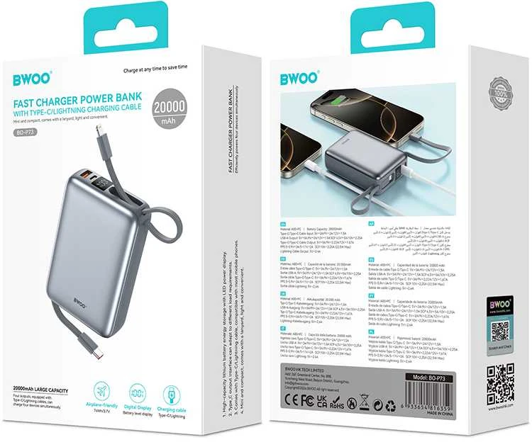 Telforceone BWOO išorinė baterija „Abad8“ 22,5 W, 20000 mAh, su 2 integruotais laidais, 1 x USB-C, 1 x „Lightning“, juoda