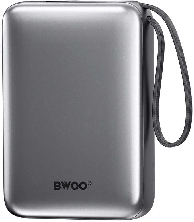 Telforceone BWOO išorinė baterija „Abad8“ 22,5 W, 20000 mAh, su 2 integruotais laidais, 1 x USB-C, 1 x „Lightning“, juoda