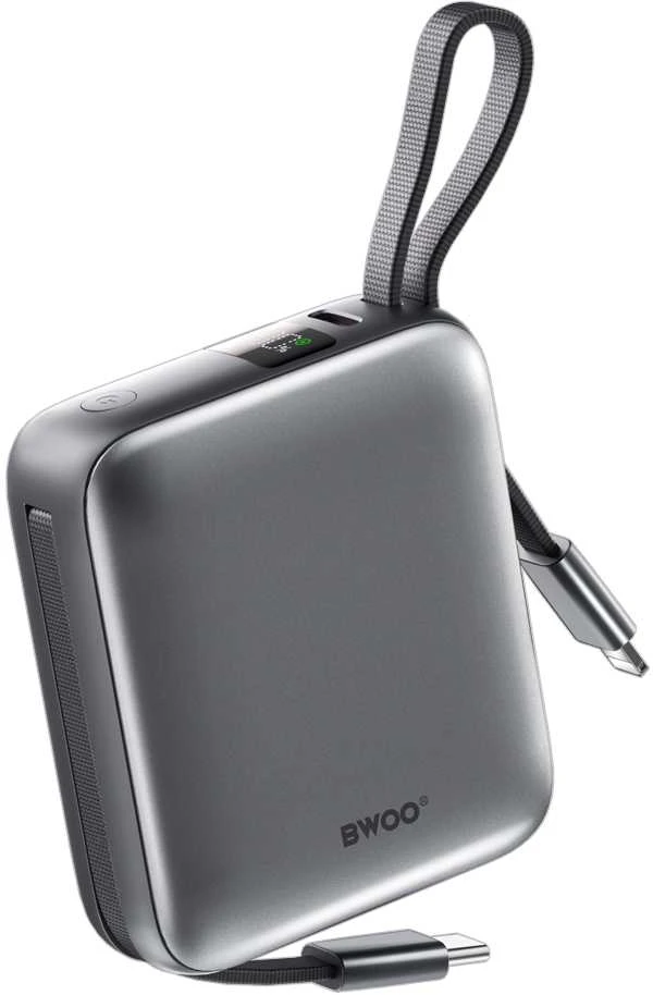 Telforceone BWOO išorinė baterija P74 22,5 W 10000 mAh su 2 integruotais laidais, 1 x USB-C, 1 x „Lightning“, juoda