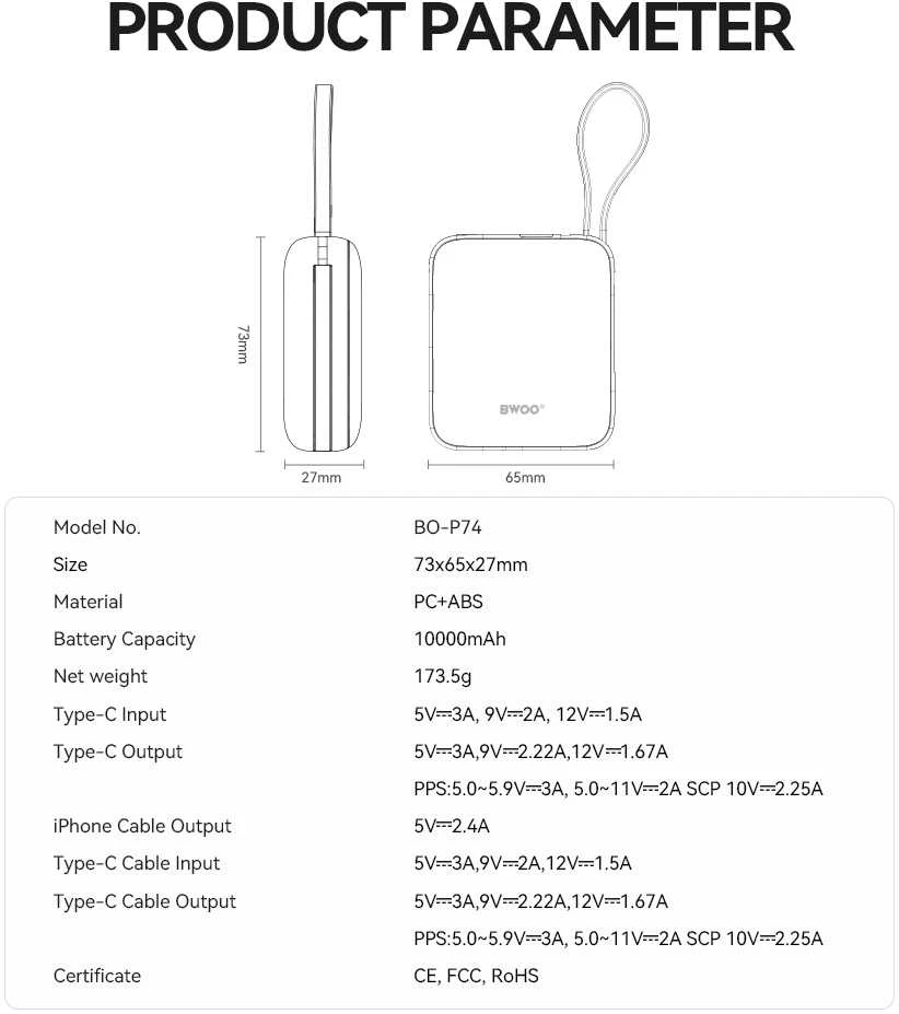 Telforceone BWOO išorinė baterija P74 22,5 W 10000 mAh su 2 integruotais laidais, 1 x USB-C, 1 x „Lightning“, juoda