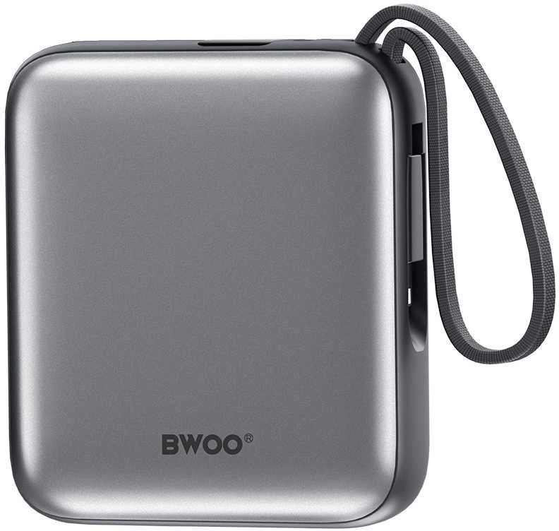 Telforceone BWOO išorinė baterija P74 22,5 W 10000 mAh su 2 integruotais laidais, 1 x USB-C, 1 x „Lightning“, juoda