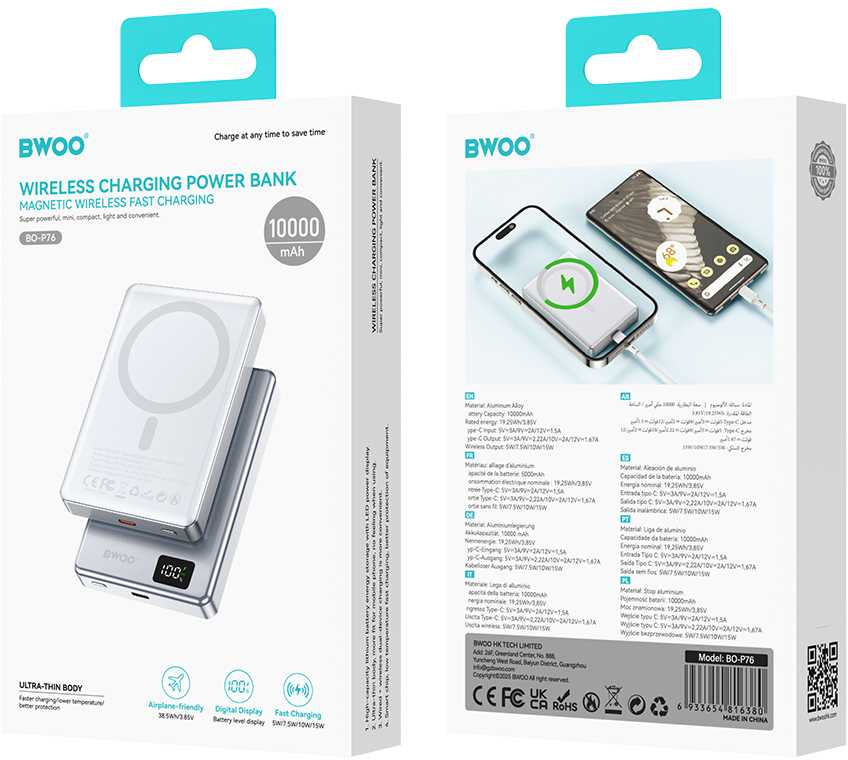 Telforceone BWOO itin plonas aliuminio magnetinis išorinis akumuliatorius P76 PD 20W 10000 mAh su skaitmeniniu ekranu ir USB-C prievadu, juodas