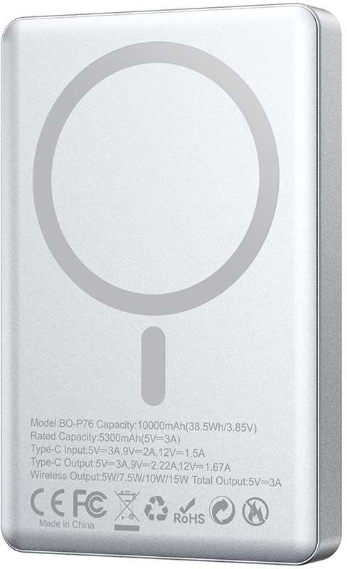 Telforceone BWOO itin plonas aliuminio magnetinis išorinis akumuliatorius P76 PD 20W 10000 mAh su skaitmeniniu ekranu ir USB-C prievadu, juodas