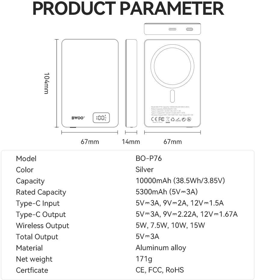 Telforceone BWOO itin plonas aliuminio magnetinis išorinis akumuliatorius P76 PD 20W 10000 mAh su skaitmeniniu ekranu ir USB-C prievadu, juodas