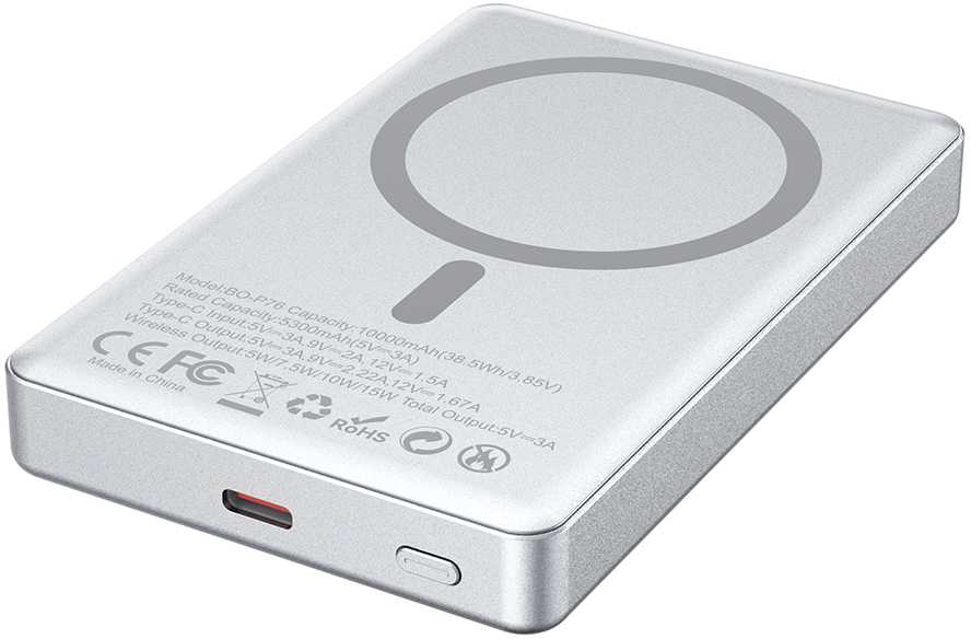 Telforceone BWOO itin plonas aliuminio magnetinis išorinis akumuliatorius P76 PD 20W 10000 mAh su skaitmeniniu ekranu ir USB-C prievadu, juodas