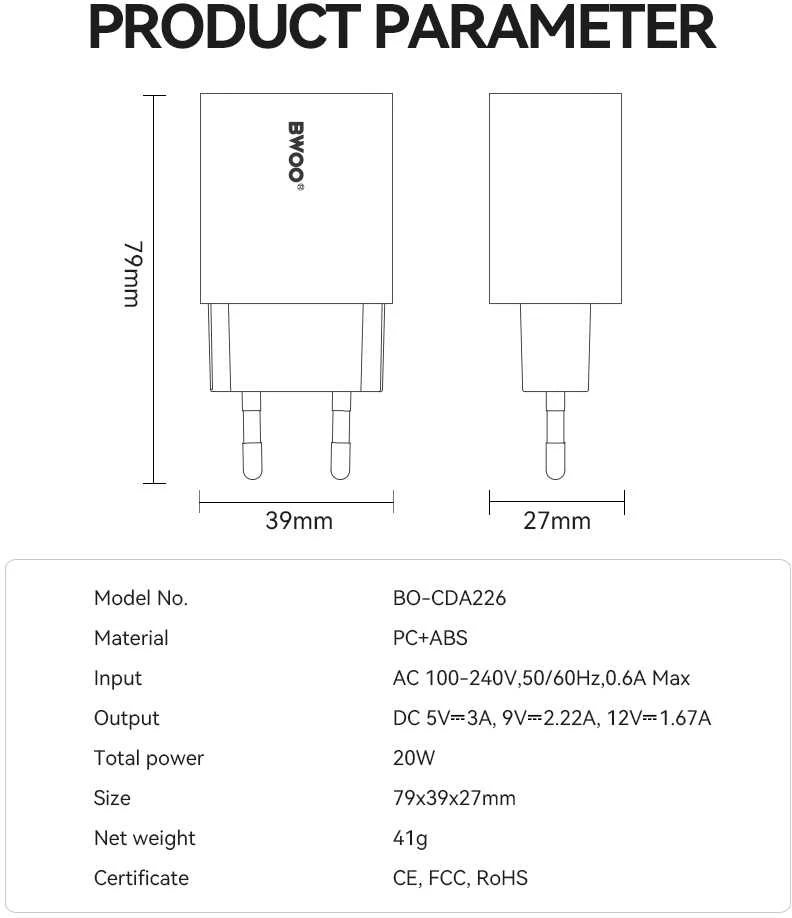 BWOO sieninis įkroviklis 20W CDA226 QC 1x USB-C juodas