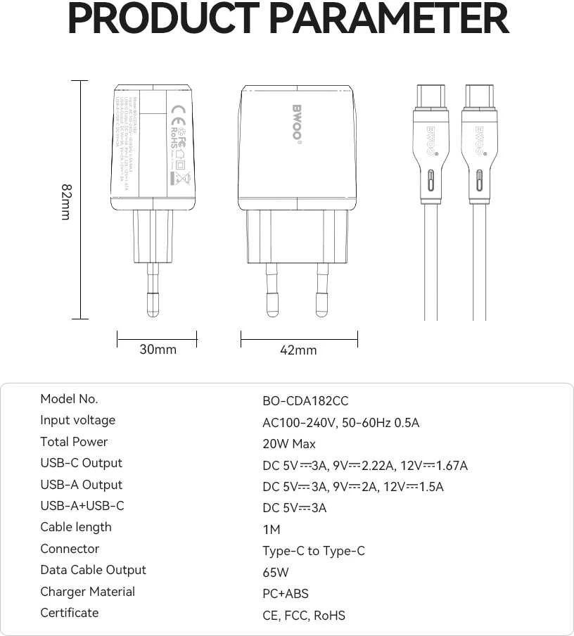 BWOO sieninis įkroviklis CDA182 QC 38W 1x USB-A + 1x USB-C su USB-C laidu 1 m juodas
