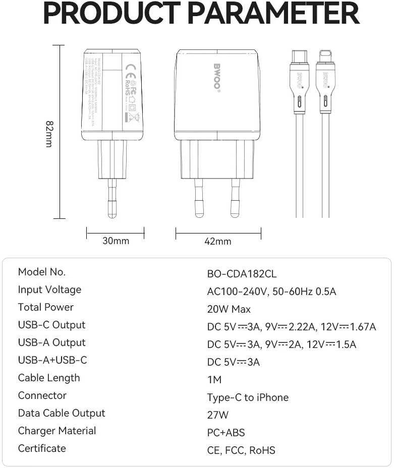 BWOO sieninis įkroviklis CDA182 QC 38W 1x USB-A + 1x USB-C su USB-C į Lightning laidu 1 m juodas