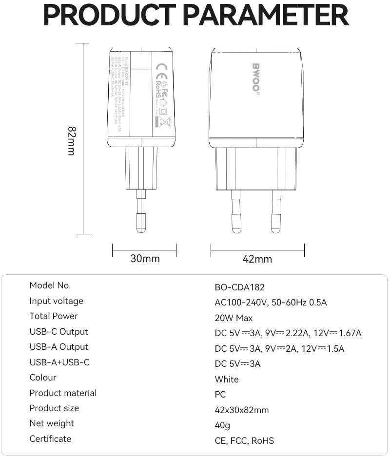 BWOO sieninis įkroviklis CDA182 QC 38W 1x USB-A + 1x USB-C baltas