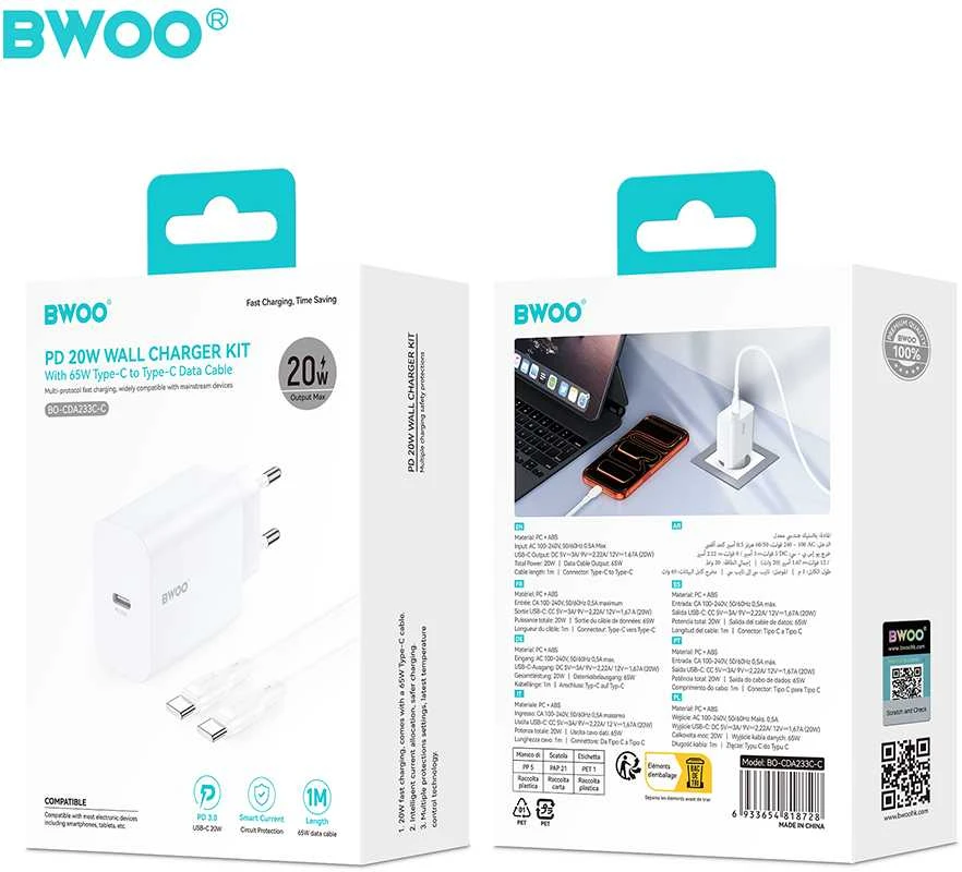Telforceone Įkroviklis BWOO kroviklis jungiama į tinklą CDA233 PD 20W 1x USB-C balta + kabelis USB-C - USB-C
