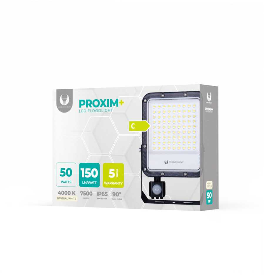 Sieninis šviestuvas „Telforceone“ LED prožektorius PROXIM+ 50W 4000K 7500lm PIR 230V IP65 „Forever Light“ 150lm/W 5 metų garantija