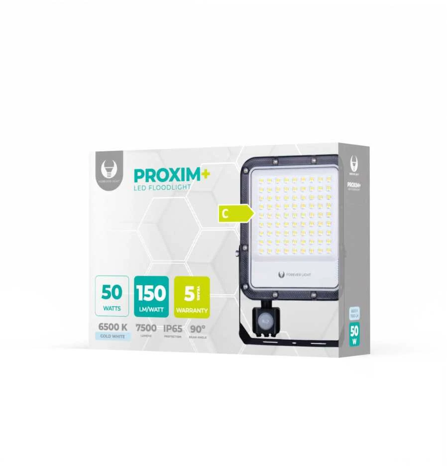 „Telforceone“ LED prožektorius PROXIM+ 50W 6500K 7500lm PIR 230V IP65 „Forever Light“ 150lm/W 5 metų garantija