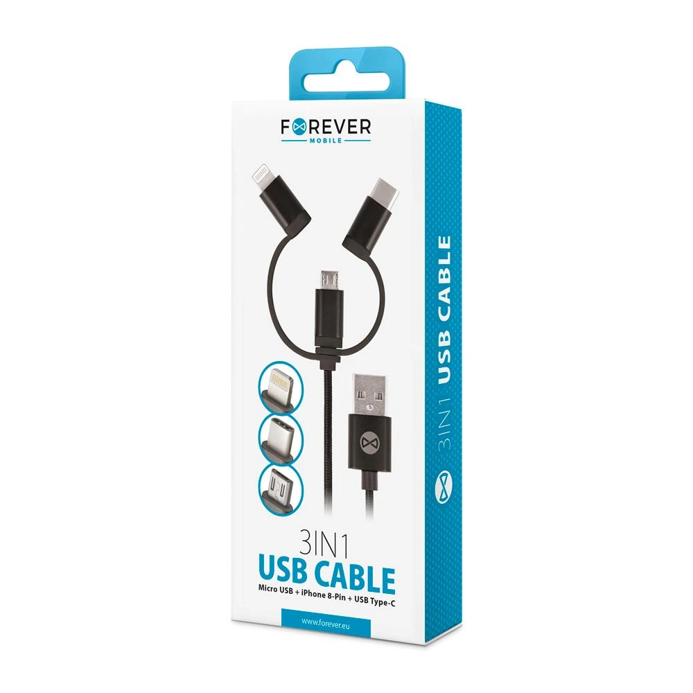 Forever 3in1 laidas USB – Lightning + USB-C + microUSB 1,0 m 1,5A juodas
