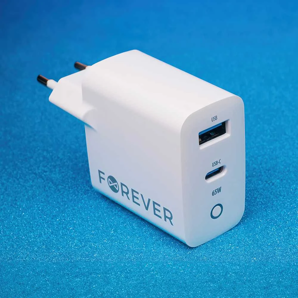 TelForceone Forever GaN TC-06-65AC PD QC įkroviklis 1x USB-C 1x USB 65W baltas