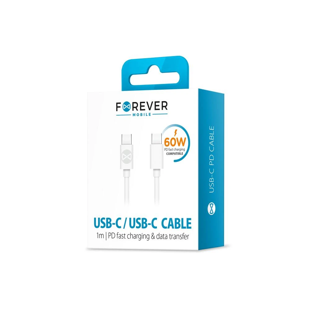 Forever USB-C – USB-C laidas 1,0 m 60W baltas